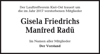 Traueranzeige von Gisela Friedrichs Manfred Radü von Kieler Nachrichten / Segeberger Zeitung