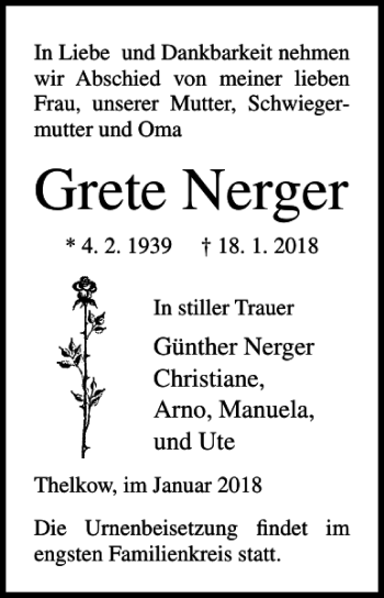 Traueranzeige von Grete Nerger von Ostsee-Zeitung