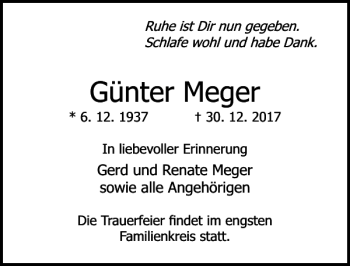 Traueranzeige von Günter Meger von Lübecker Nachrichten