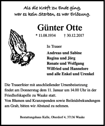 Traueranzeige von Günter Otte von Göttinger Tageblatt