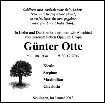 Traueranzeige von Günter Otte von Göttinger Tageblatt