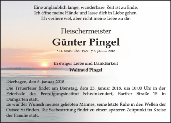 Traueranzeige von Günter Pingel von Ostsee-Zeitung