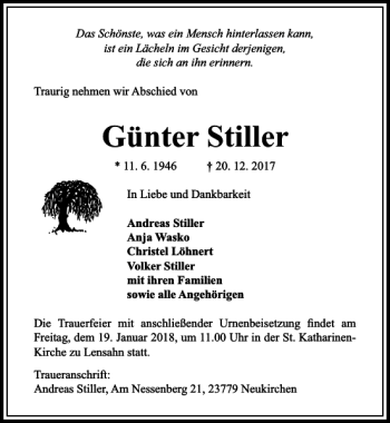 Traueranzeige von Günter Stiller von Lübecker Nachrichten