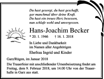 Traueranzeige von Hans-Joachim Becker von Ostsee-Zeitung