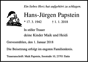 Traueranzeige von Hans-Jürgen Papstein von Ostsee-Zeitung