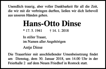 Traueranzeige von Hans-Otto Dinse von Ostsee-Zeitung