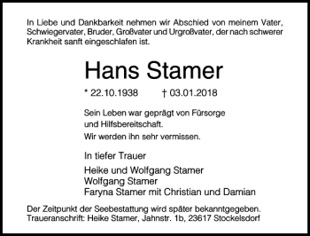 Traueranzeige von Hans Stamer von Lübecker Nachrichten