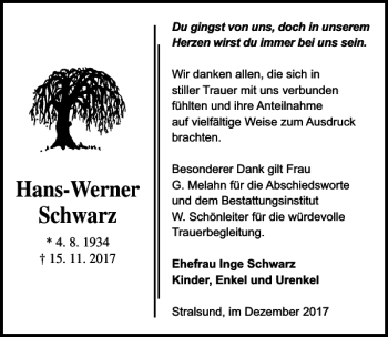Traueranzeige von Hans-Werner Schwarz von Ostsee-Zeitung