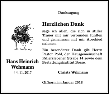 Traueranzeige von Hans Heinrich Wehmann von Aller Zeitung / Wolfsburger Allgemeine