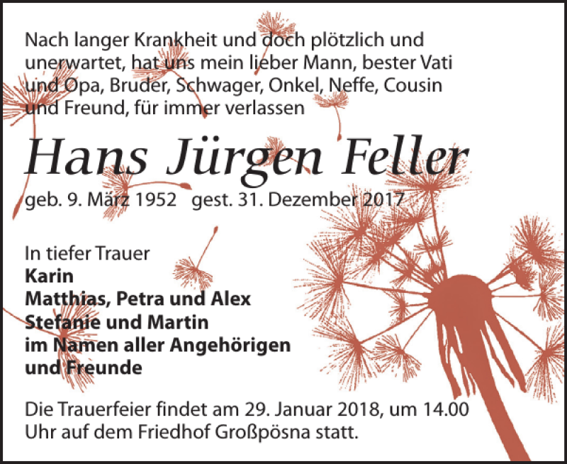  Traueranzeige für Hans Jürgen Feller vom 13.01.2018 aus Leipziger Volkszeitung