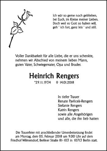 Traueranzeige von Heinrich Rengers von Schaumburger Nachrichten