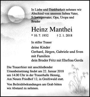 Traueranzeige von Heinz Manthei von Ostsee-Zeitung