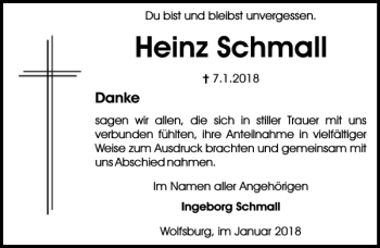 Traueranzeige von Heinz Schmall von Aller Zeitung / Wolfsburger Allgemeine