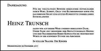 Traueranzeige von Heinz Trunsch von Ostsee-Zeitung