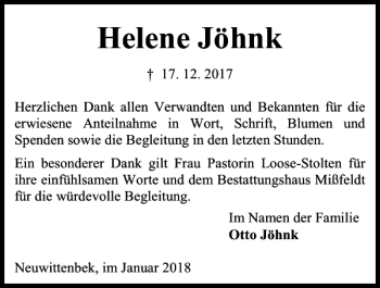 Traueranzeige von Helene Jöhnk von Kieler Nachrichten / Segeberger Zeitung