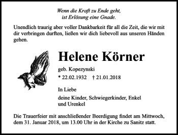 Traueranzeige von Helene Körner von Ostsee-Zeitung