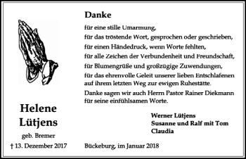 Traueranzeige von Helene Lütjens von Schaumburger Nachrichten