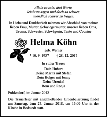 Traueranzeige von Helma Köhn von Ostsee-Zeitung
