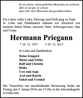 Traueranzeige von Hermann Priegann von Kieler Nachrichten / Segeberger Zeitung