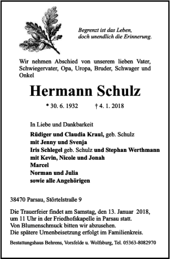 Traueranzeige von Hermann Schulz von Aller Zeitung / Wolfsburger Allgemeine