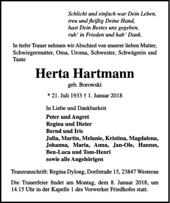 Traueranzeige von Herta Hartmann von Lübecker Nachrichten