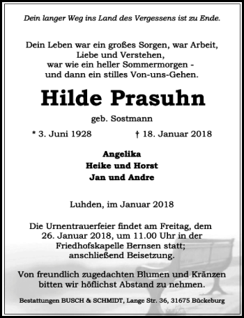 Traueranzeige von Hilde Prasuhn von Schaumburger Nachrichten