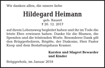 Traueranzeige von Hildegard Heimann von Kieler Nachrichten / Segeberger Zeitung