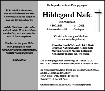 Traueranzeige von Hildegard Nafe von Göttinger Tageblatt