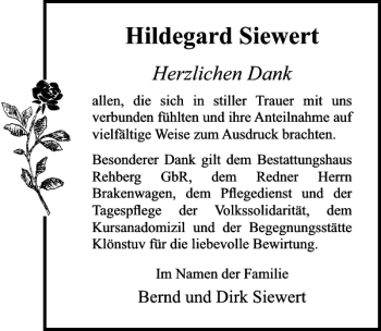 Traueranzeige von Hildegard Siewert von Ostsee-Zeitung