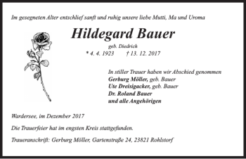 Traueranzeige von Hildegard Bauer Geb. Diedric von Kieler Nachrichten / Segeberger Zeitung