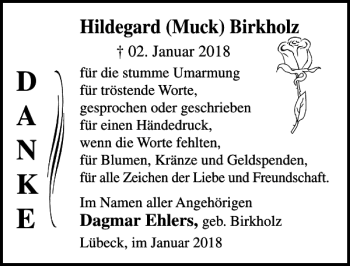 Traueranzeige von Hildegard Muck Birkholz von Lübecker Nachrichten