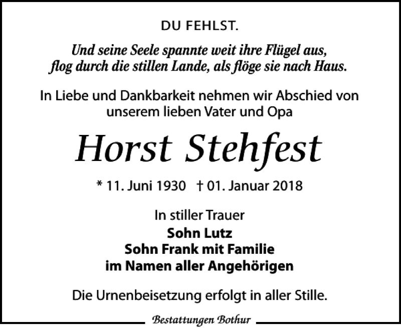  Traueranzeige für Horst Stehfest vom 06.01.2018 aus Leipziger Volkszeitung