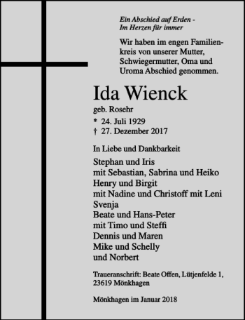 Traueranzeige von Ida Wienck von Lübecker Nachrichten