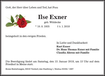 Traueranzeige von Ilse Exner von Aller Zeitung / Wolfsburger Allgemeine