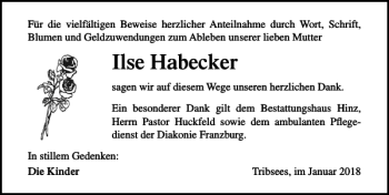 Traueranzeige von Ilse Habecker von Ostsee-Zeitung