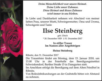 Traueranzeige von Ilse Steinberg von Ostsee-Zeitung