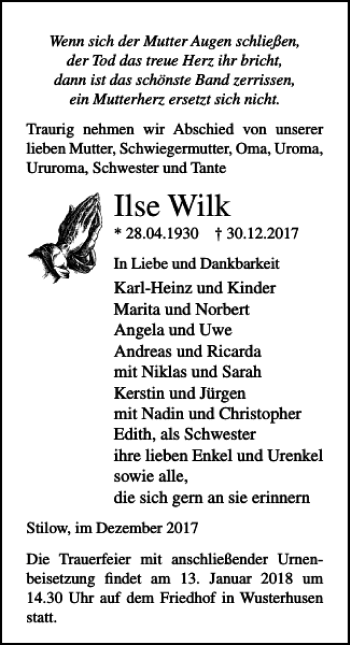 Traueranzeige von Ilse Wilk von Ostsee-Zeitung