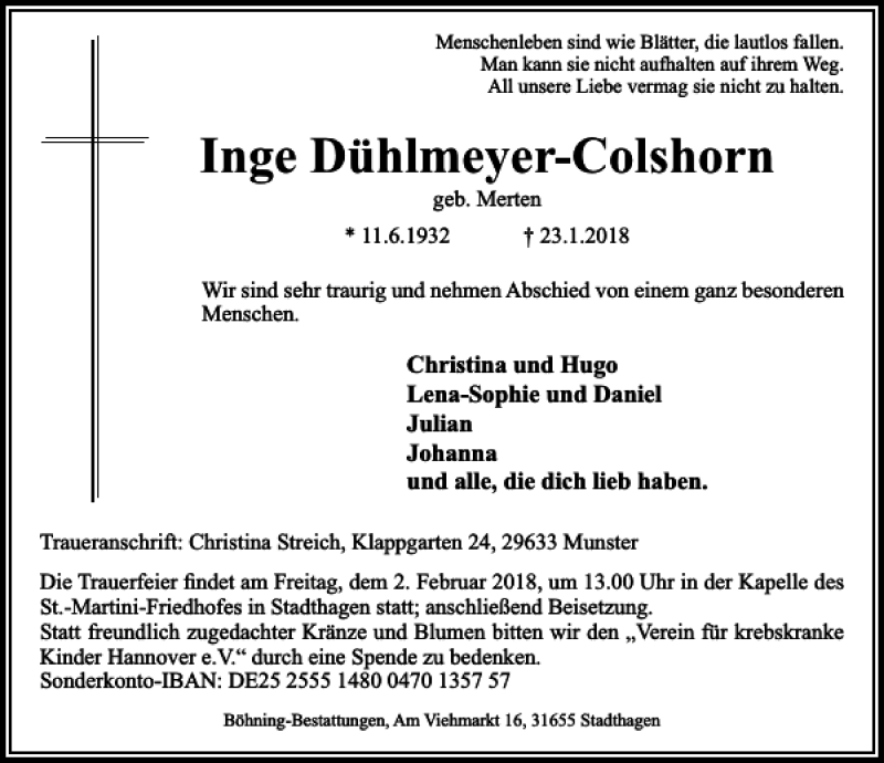  Traueranzeige für Inge Dühlmeyer-Colshorn vom 31.01.2018 aus Schaumburger Nachrichten