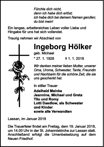 Traueranzeige von Ingeborg Hölker von Ostsee-Zeitung