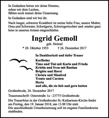 Traueranzeige von Ingrid Gemoll von Lübecker Nachrichten
