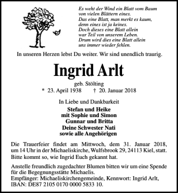 Traueranzeige von Ingried Arlt von Kieler Nachrichten / Segeberger Zeitung