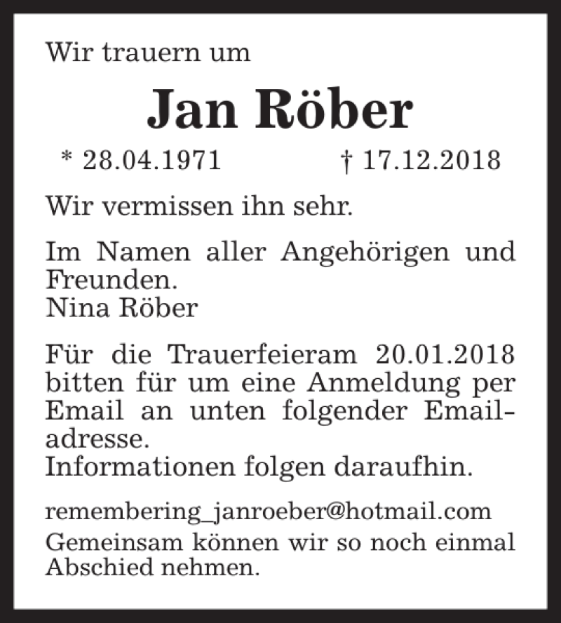  Traueranzeige für Jan Röber vom 13.01.2018 aus HAZ/NP