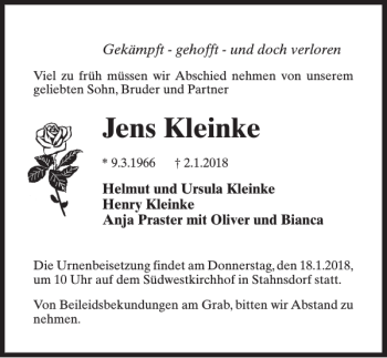 Traueranzeige von Jens Kleinke von MAZ-Trauer.de