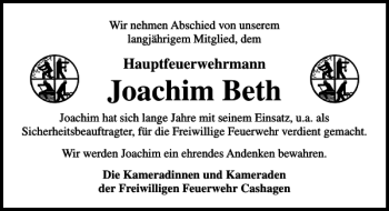 Traueranzeige von Joachim Beth von Lübecker Nachrichten