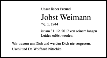 Traueranzeige von Jobst Weimann von Lübecker Nachrichten