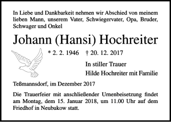 Traueranzeige von Johann Hansi Hochreiter von Ostsee-Zeitung
