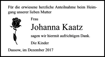Traueranzeige von Johanna Kaatz von Ostsee-Zeitung