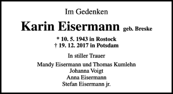 Traueranzeige von Karin Eisermann von Ostsee-Zeitung