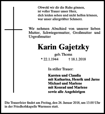 Traueranzeige von Karin Gajetzky von Schaumburger Nachrichten