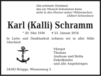 Traueranzeige von Karl (Kalli) Schramm von Kieler Nachrichten / Segeberger Zeitung